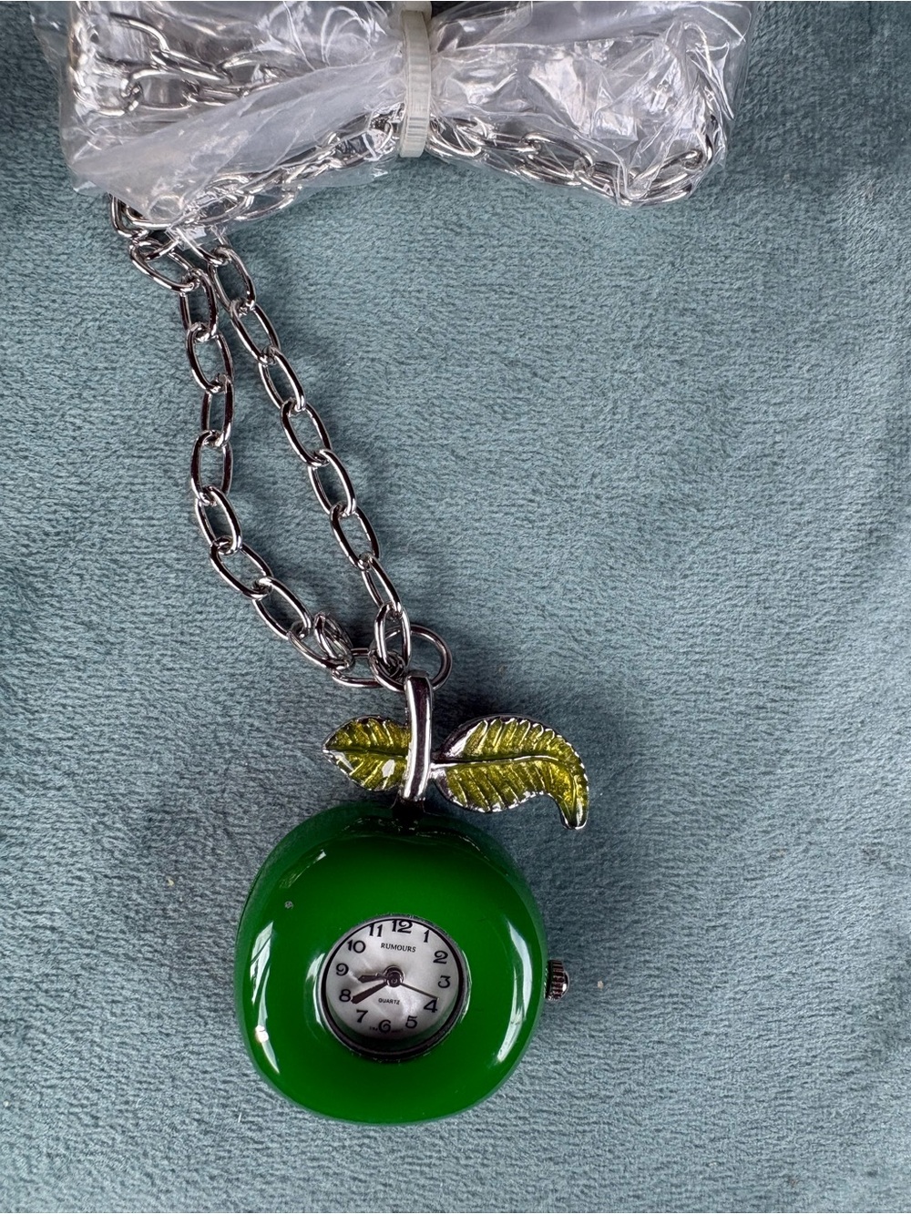 Rumors Green Apple Pendant Watch Necklace with Leaf Accent- sone enamel worn off